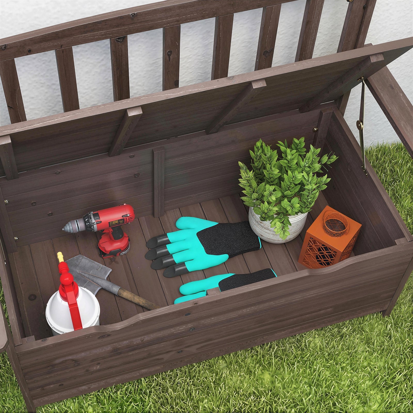 Outdoor 2 Seater Garden Bench, Garden Storage Bench With Backrest | Brown