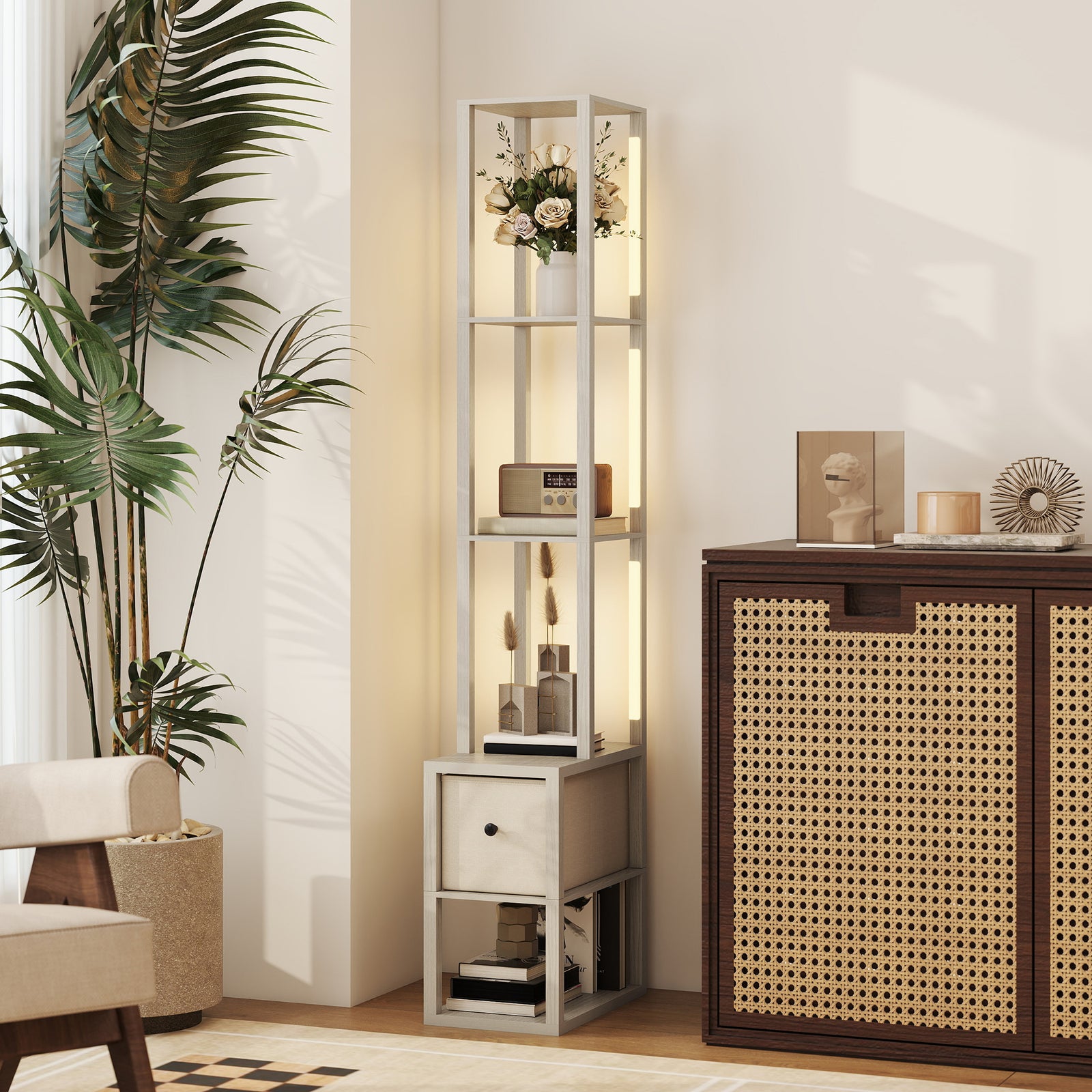 Floor Lamp With Shelves, Led Standing Lamp With Fabric Drawer | Oak