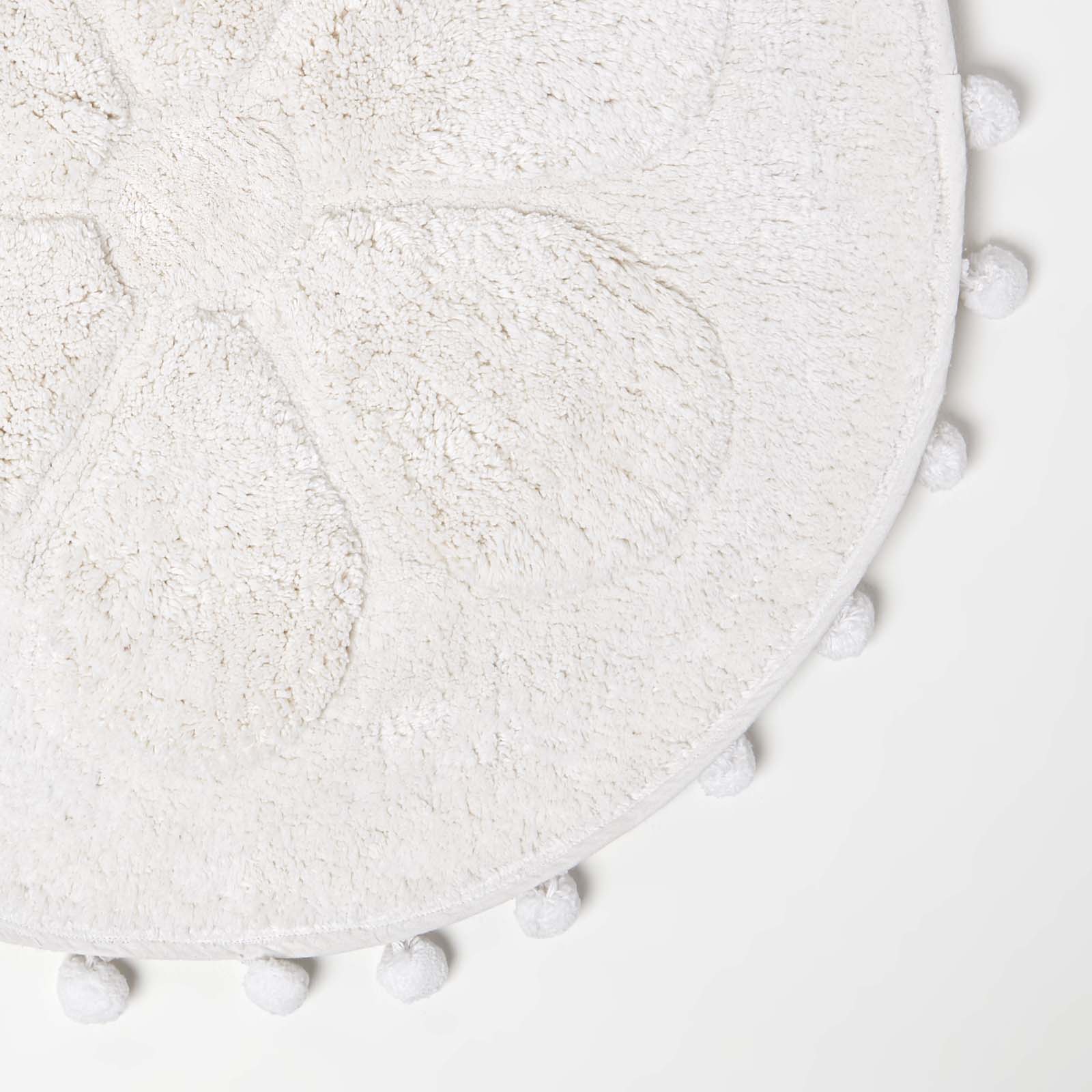 Floral Tufted Round Bathmat With Pom Poms | 60cm | White