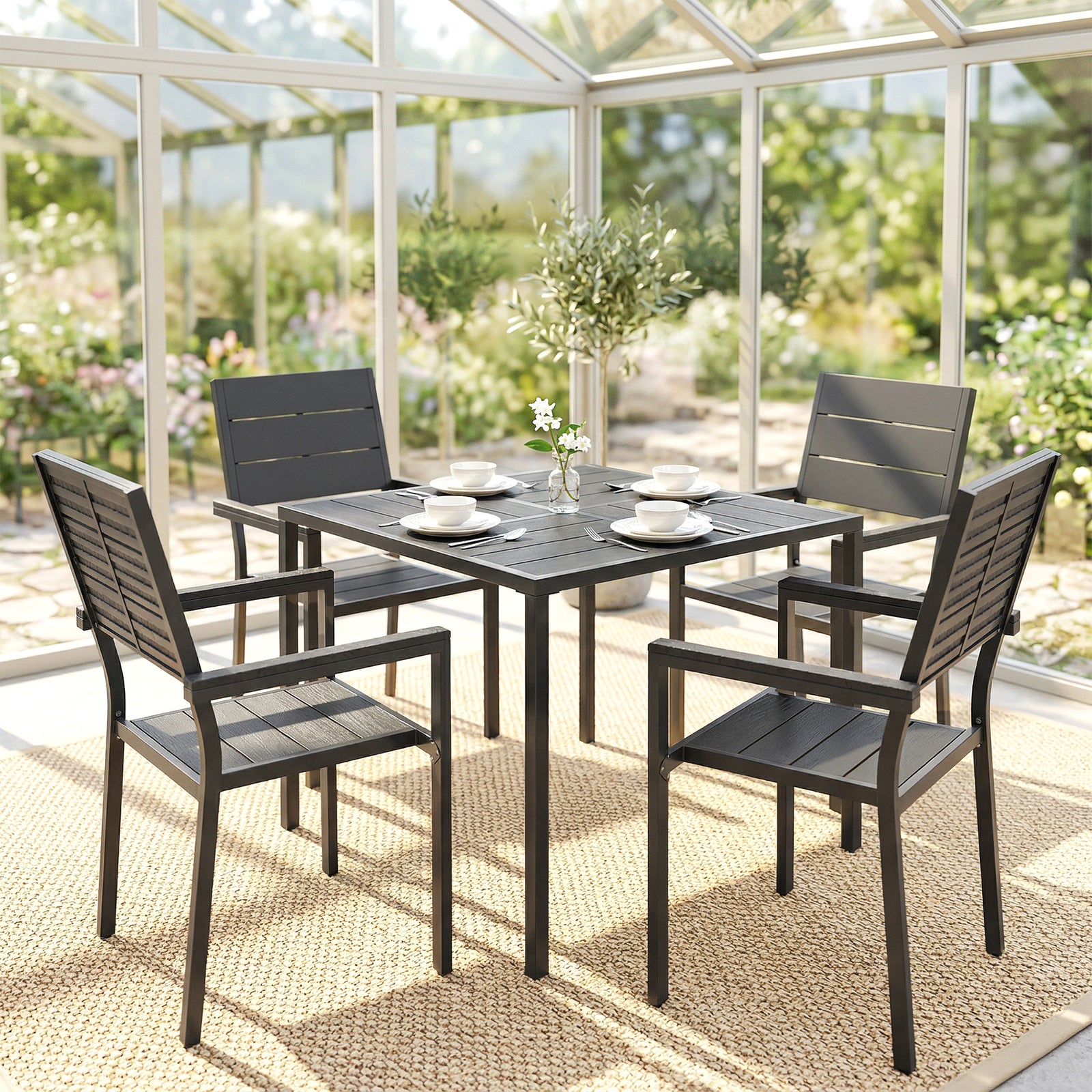 Outsunny 5 Pieces Garden Dining Set, Outdoor Furniture With Hdpe Table