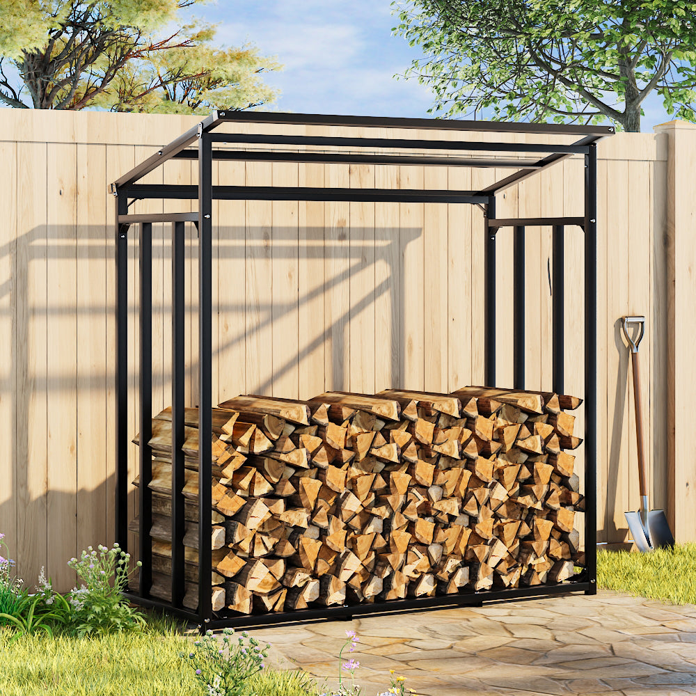 Firewood Rack With Rain Cover Outdoor Galvanised Steel Storage | Large | Black