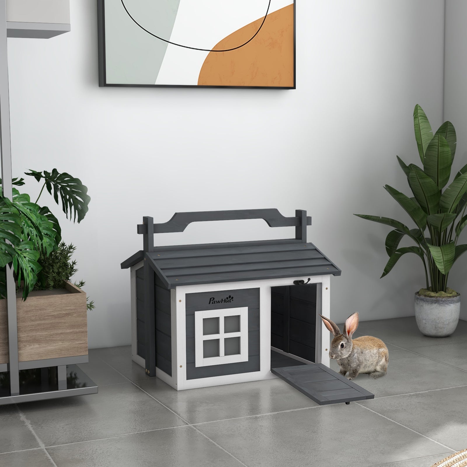 Rabbit Hutch Indoor Outdoor W/ Top Handle, Openable Roof 
Grey