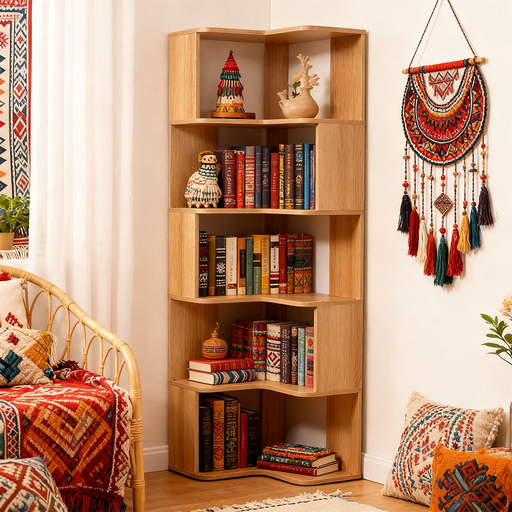 5-tier/6-tier Wooden L-shaped Corner Storage Shelf | Small Double | Natural