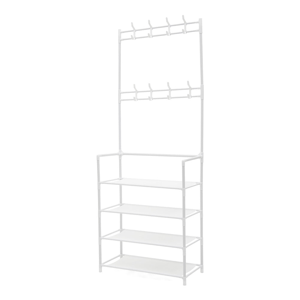 Entryway 4 Tier Shoe Rack With Coat Hanger | White