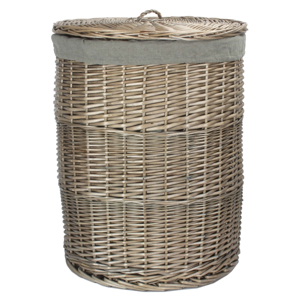 Antique Wash Round Linen Basket With Grey Sage Lining | Set-of-2