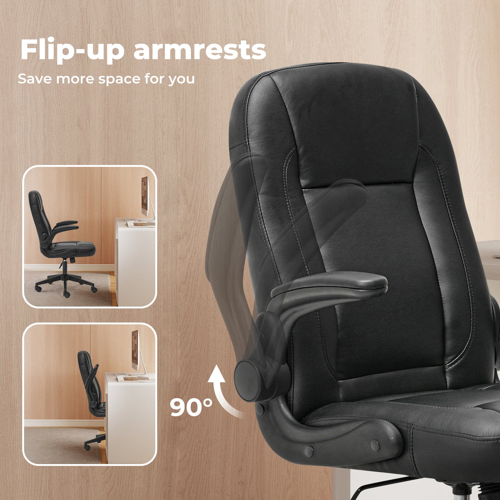 Ergonomic Office Computer Chair Pu Leather Swivel Recliner With Flip-up Armrests | Black