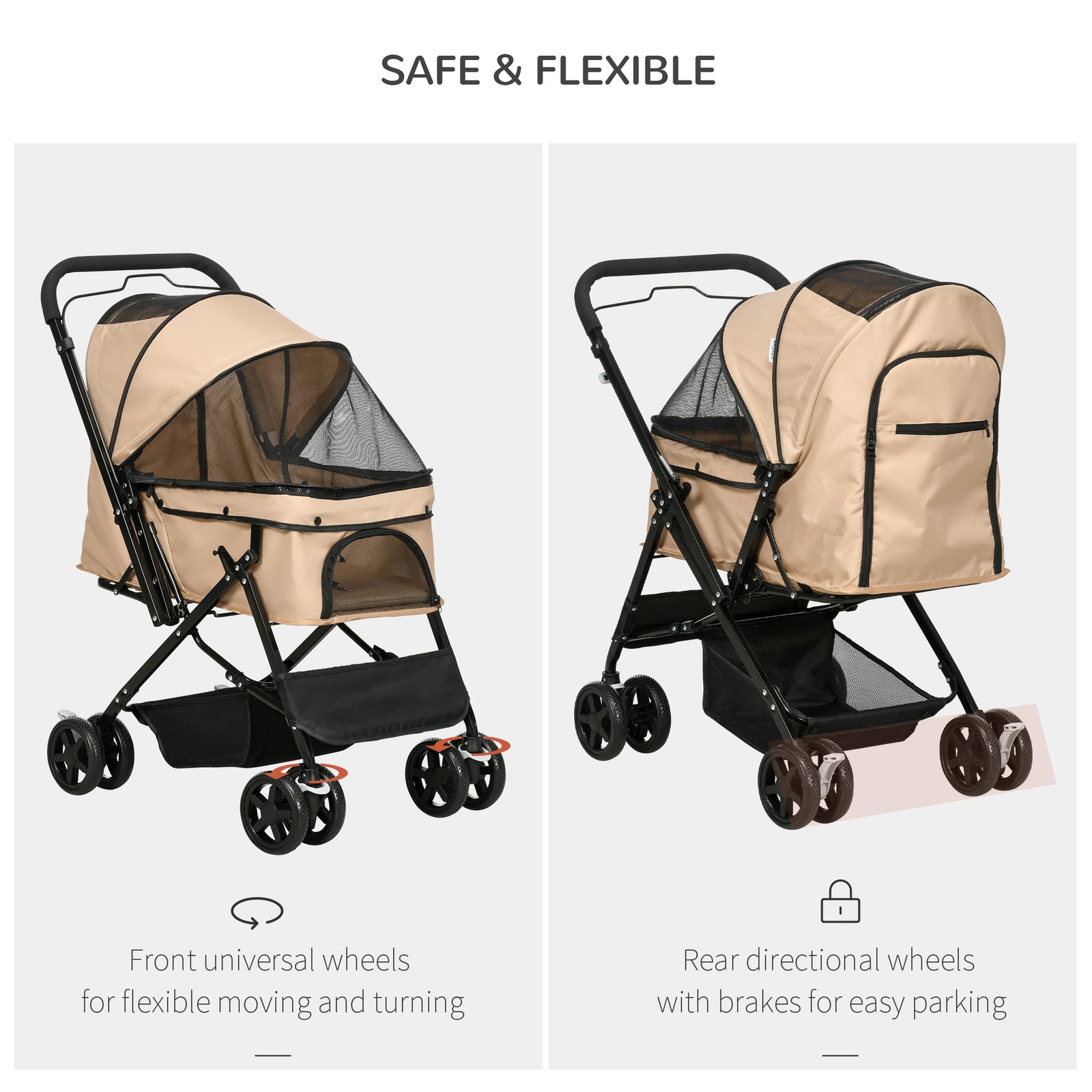 Pet Stroller Dog Foldable Travel Carriage With Reversible Handle | Brown