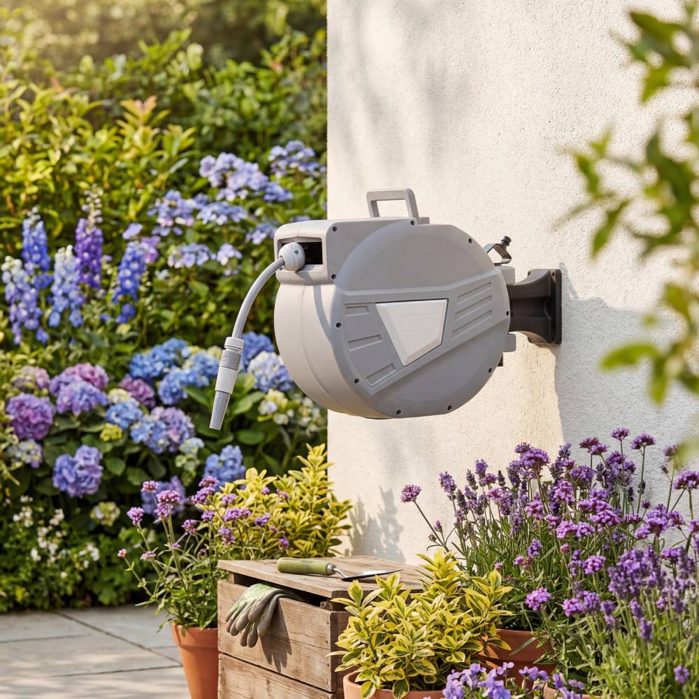 Wall Mounted Retractable Garden Hose Reel With Spray Nozzle | Small