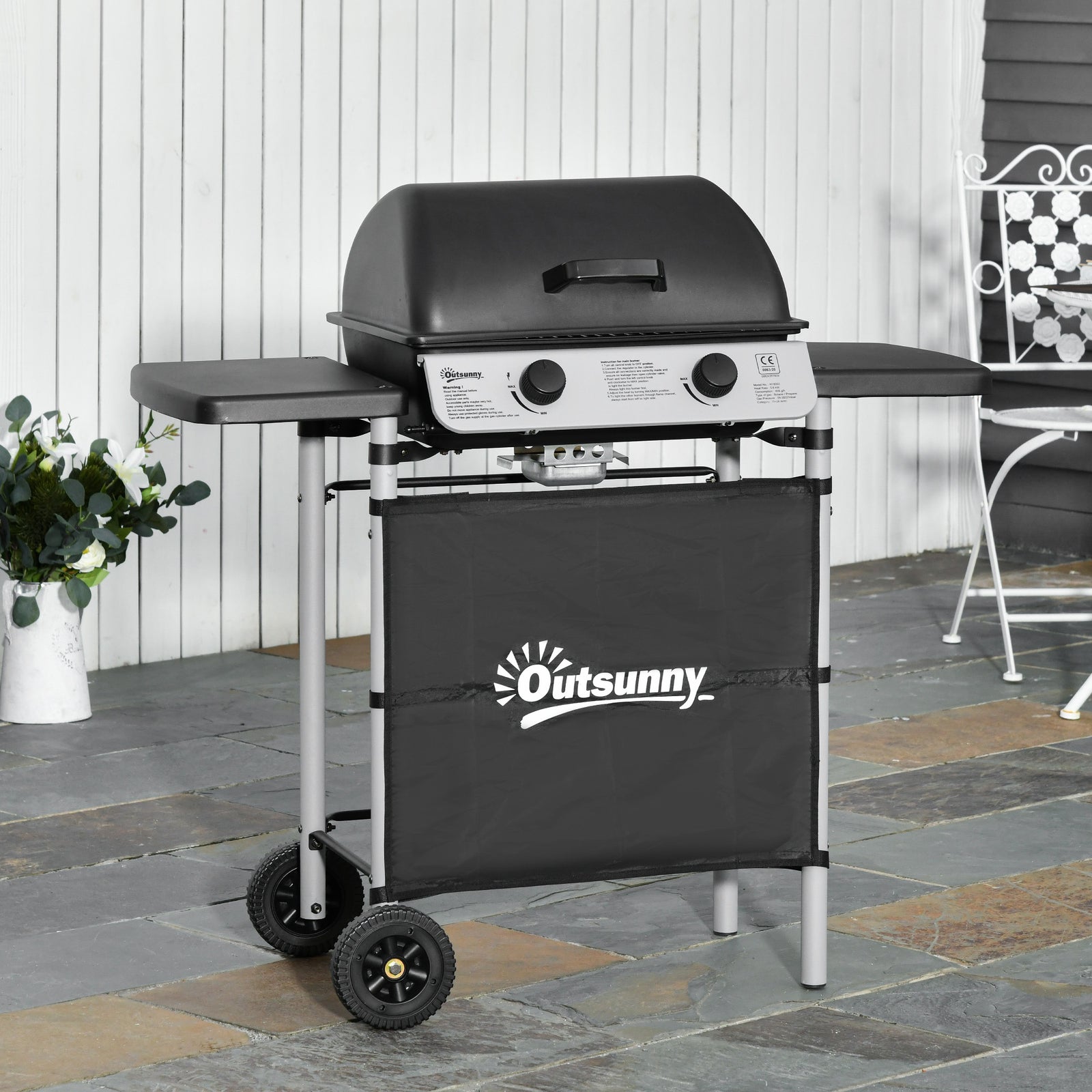2 Burner Gas Bbq Grill, Propane, 5.6kw, Wheels | Black