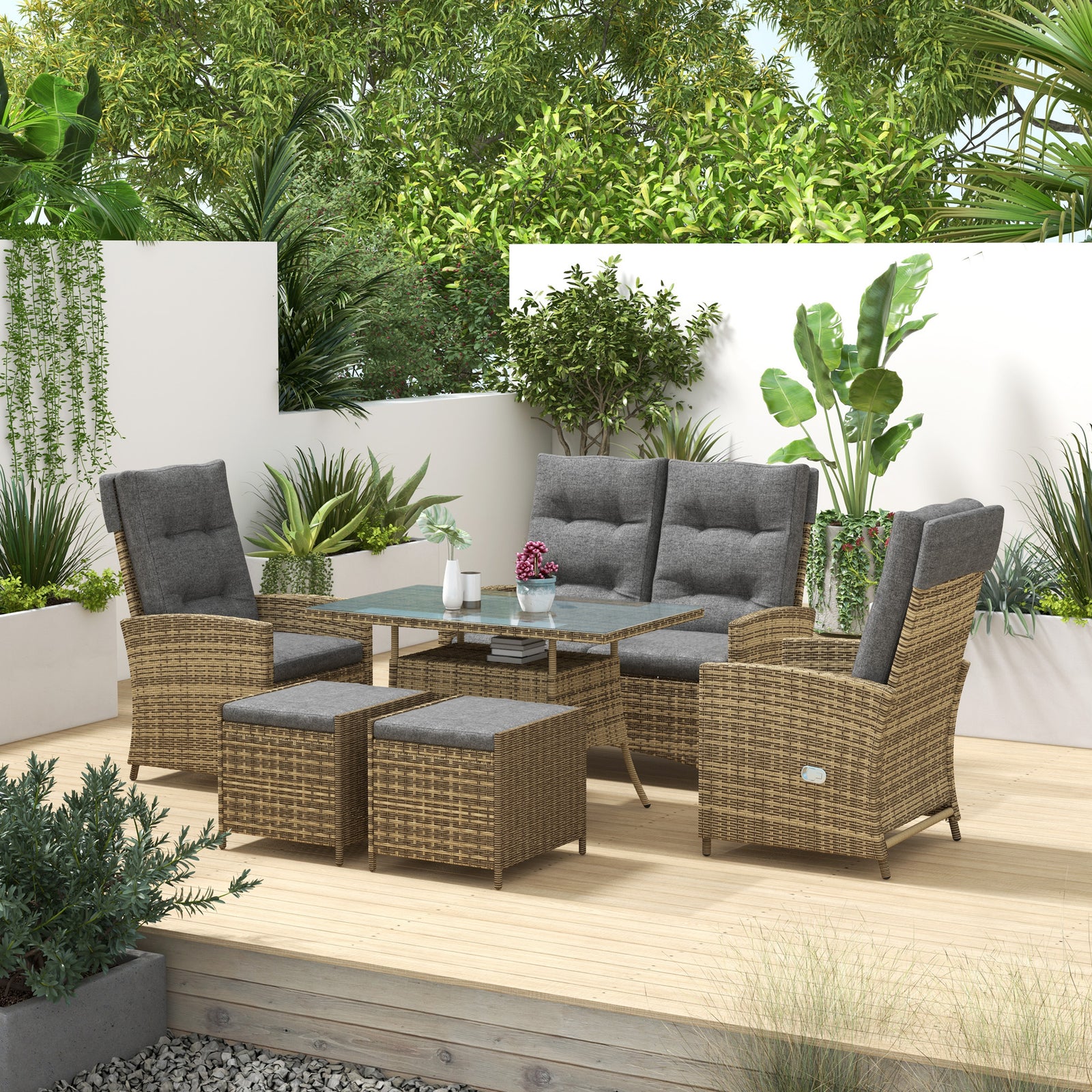 Outsunny 6 Pcs Pe Rattan Set W/ Chaise Lounge Chair