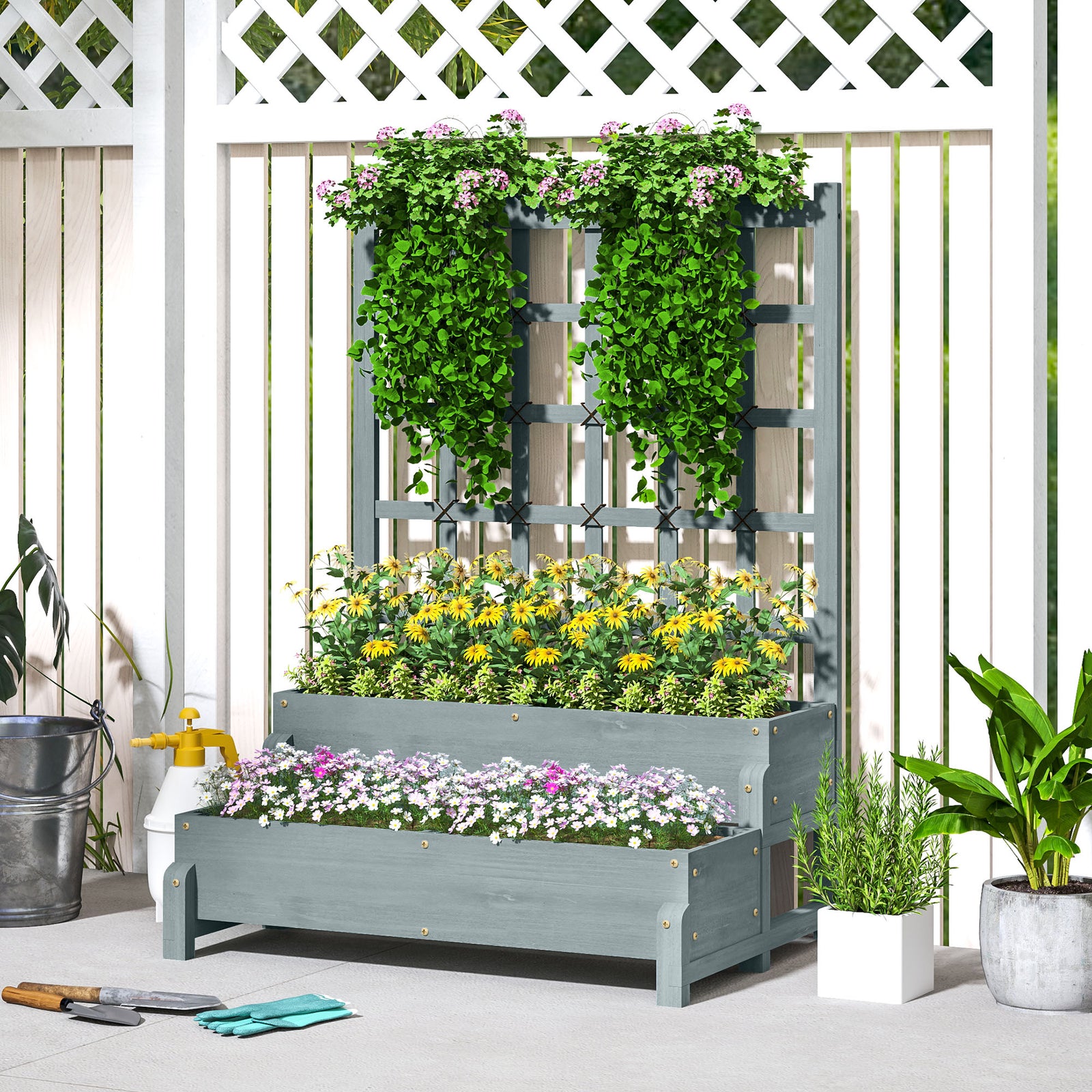 2-tier Raised Garden Bed With Trellis | Gray