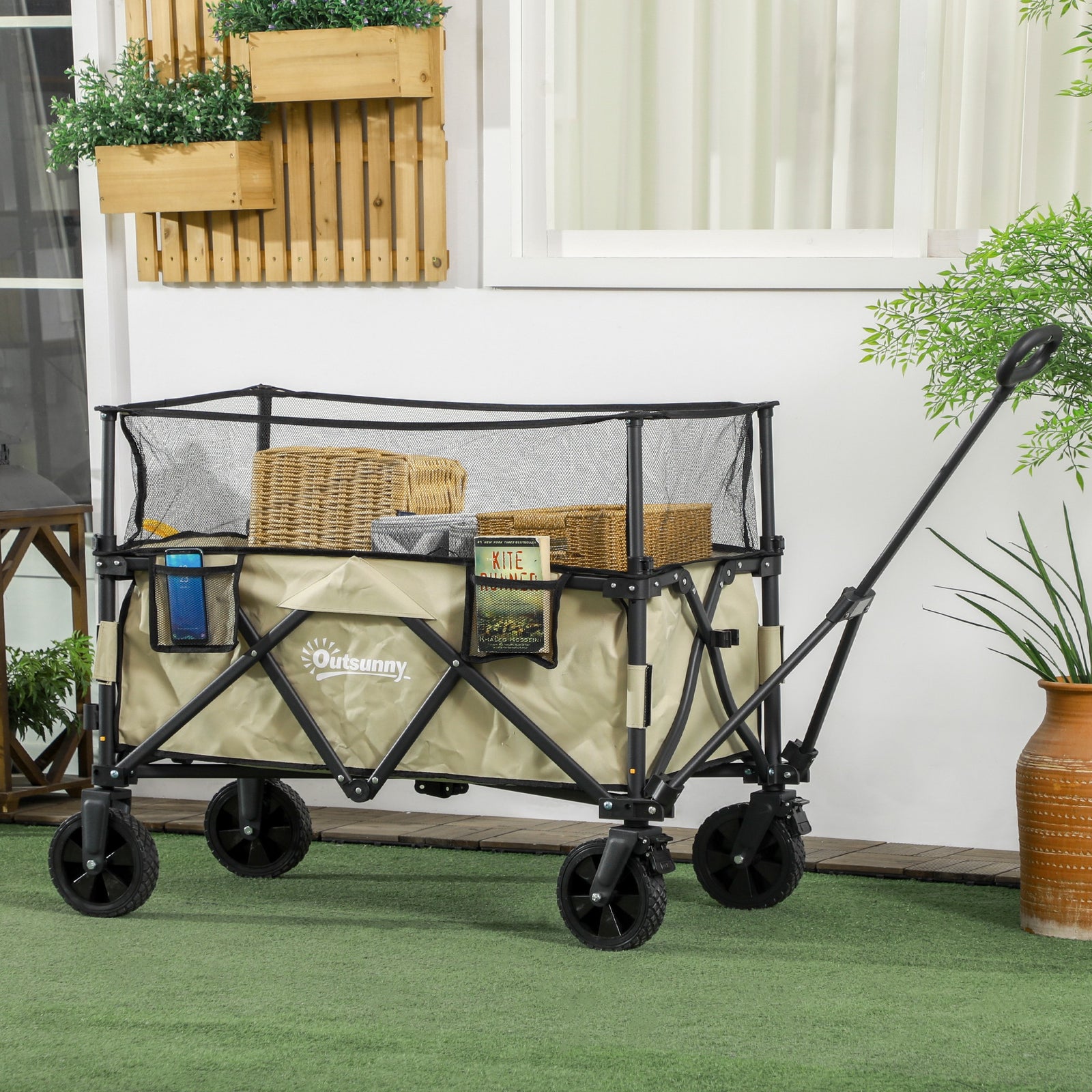 180l Folding Garden Trolley Wagon With Extendable Side Walls | Khaki