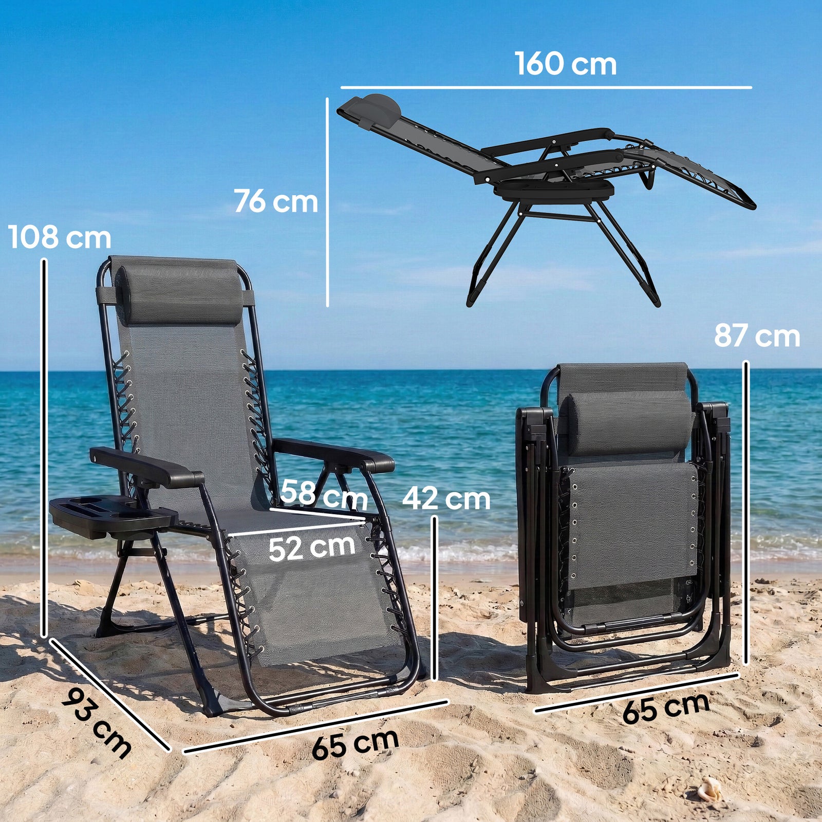Zero Gravity Chair Sun Lounger With Cup Holder, Cushion | Grey