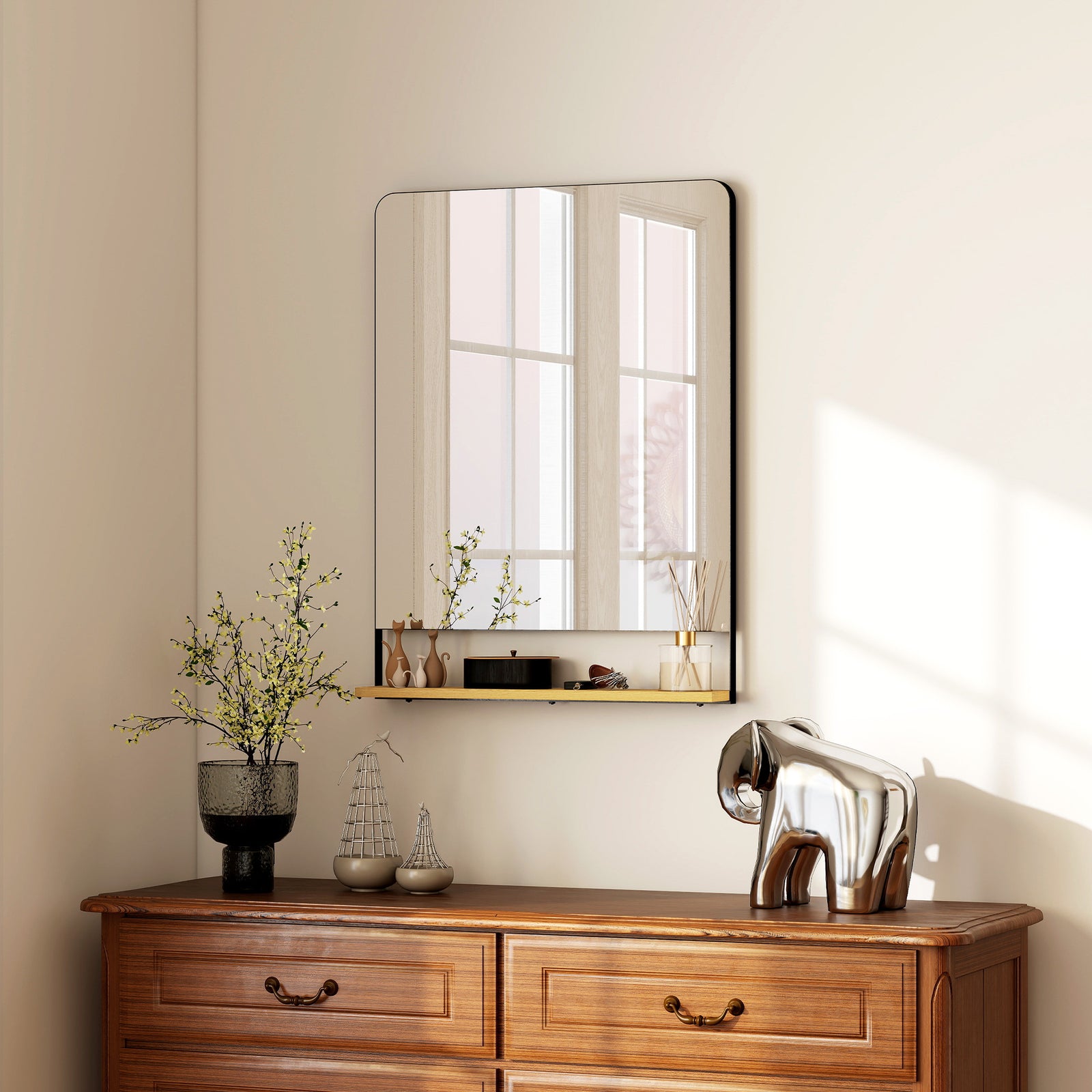 Decorative Mirror With Wood Shelf, Industrial Wall Mirror | L | Black