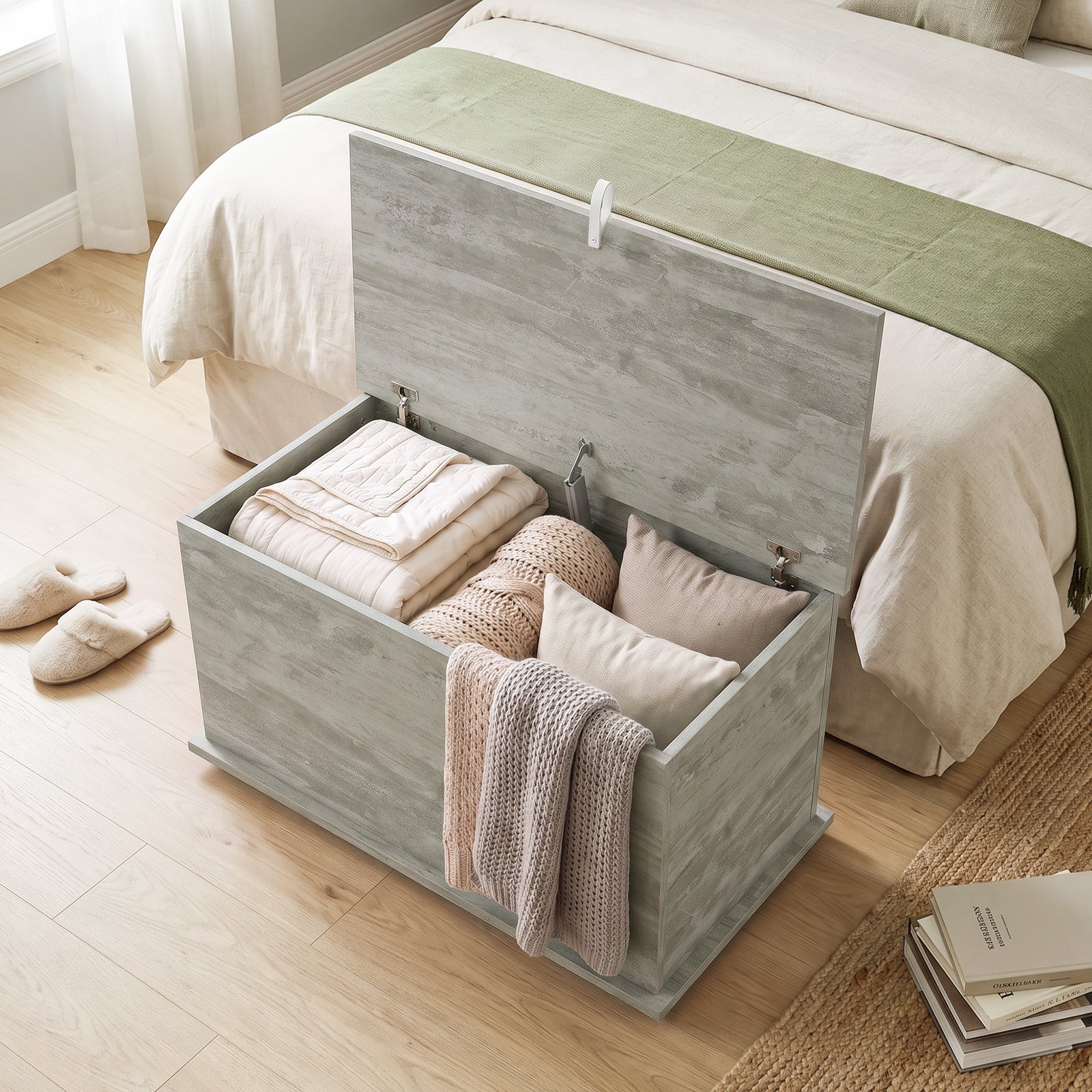 Storage Chest With Safety Hinged Lid, 102l Storage Box | Grey