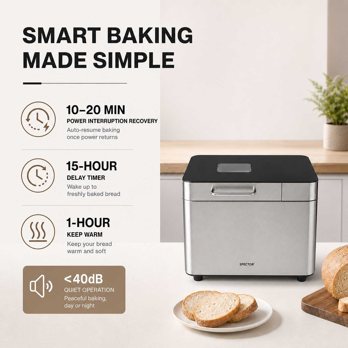Spector Bread Maker 25 In 1 15h Timer 3 Loaf Sizes With Lcd For Home Baking