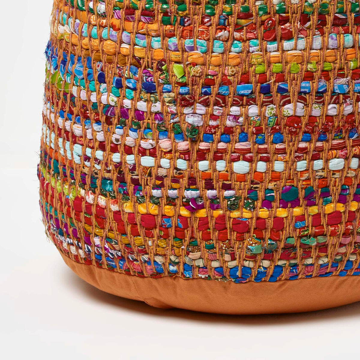 HOMESCAPES Red And Multi-colour Chindi Design Circular Bean Filled Pouffe
