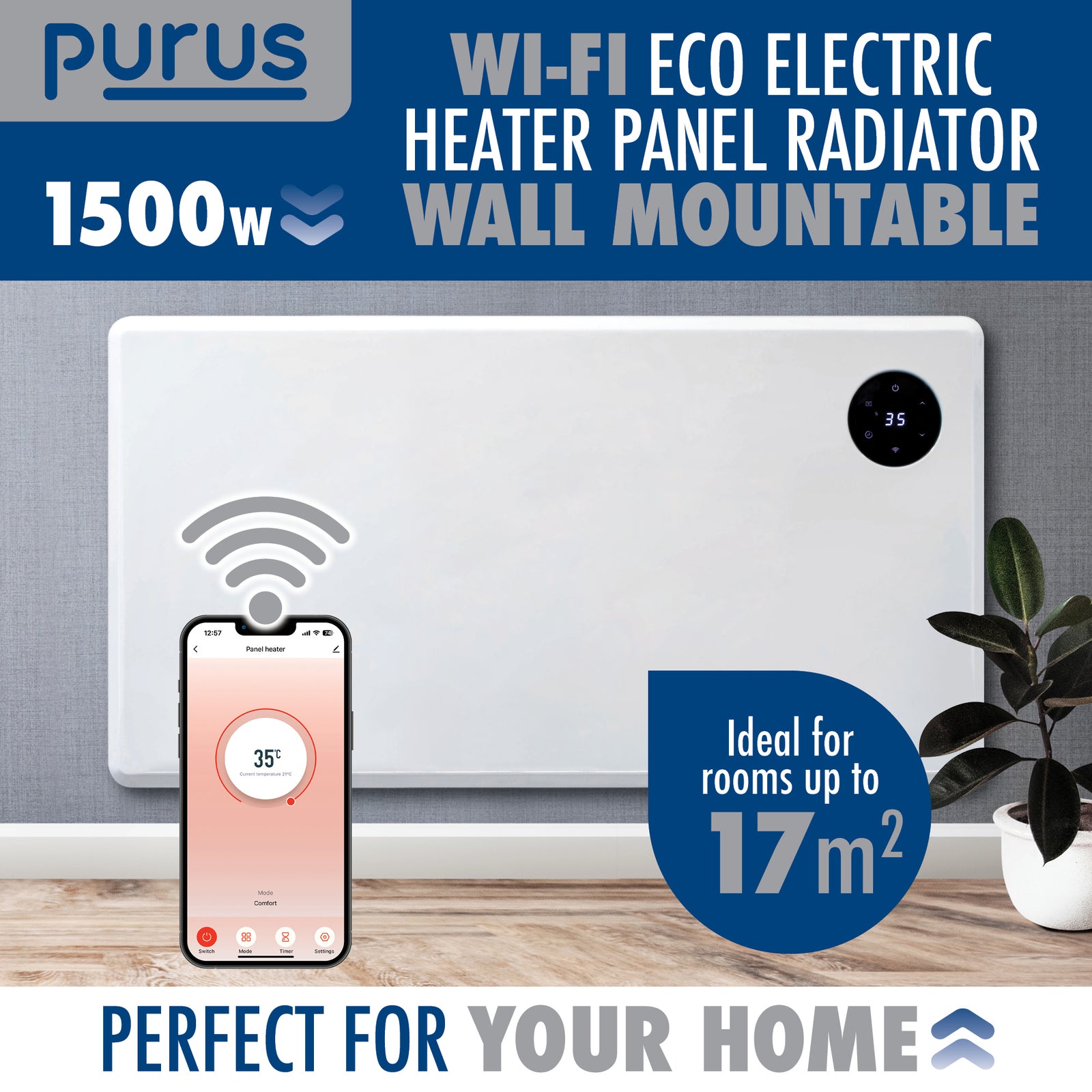 Wifi Smart Electric Radiator Panel Heater White Wall Mounted Or Floor Standing Bathroom Safe Timer And Thermostat | 1500w | White