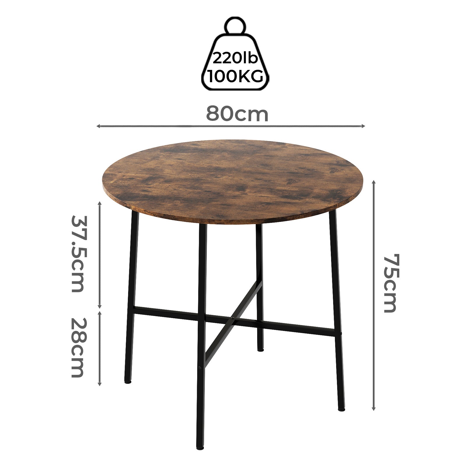 Dining Table Round Kitchen 4 Person Coffee Restaurant Metal Base 80cm | Brown