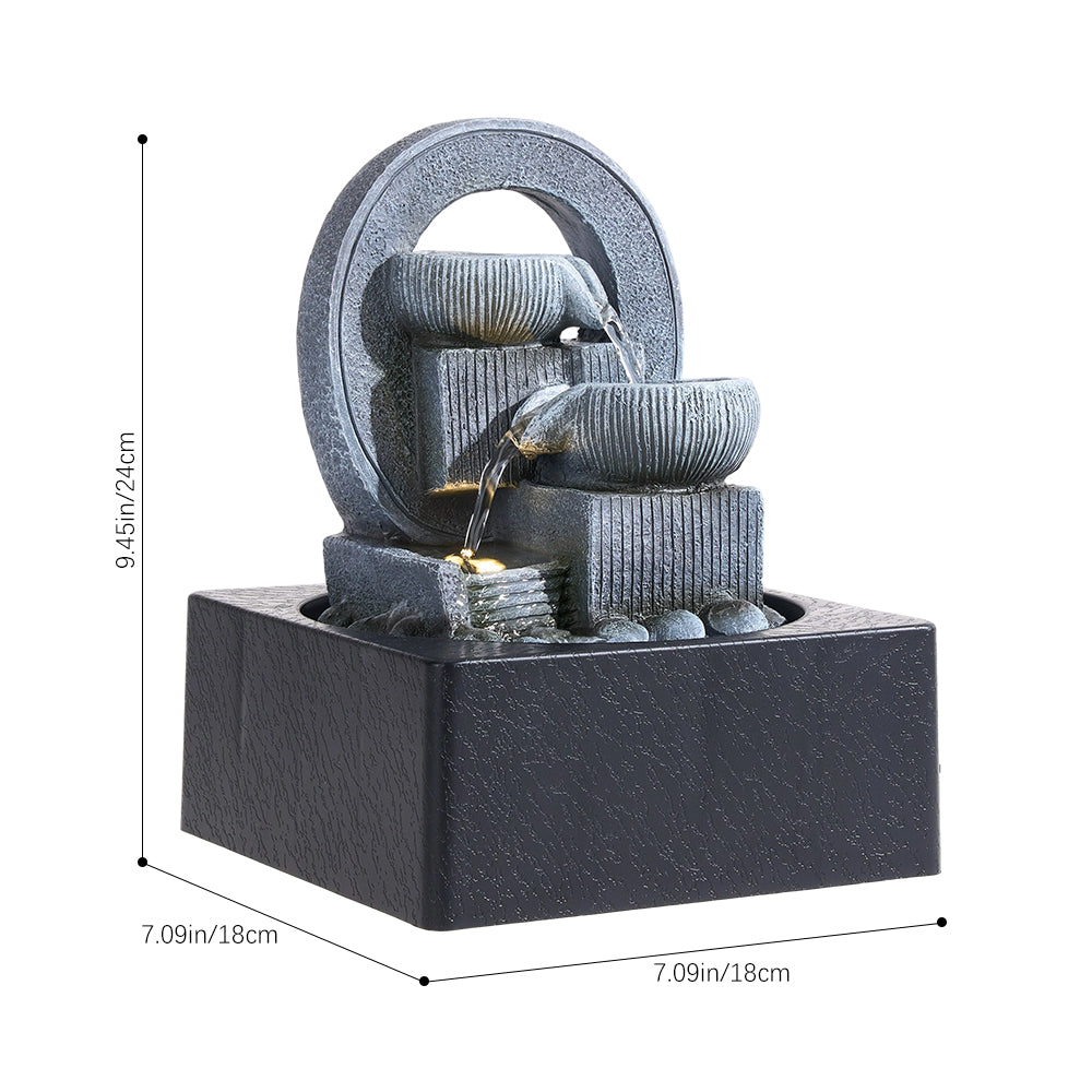 Tabletop Waterfall Fountain With Circular Frame And Tiered Bowls For Meditation Decor