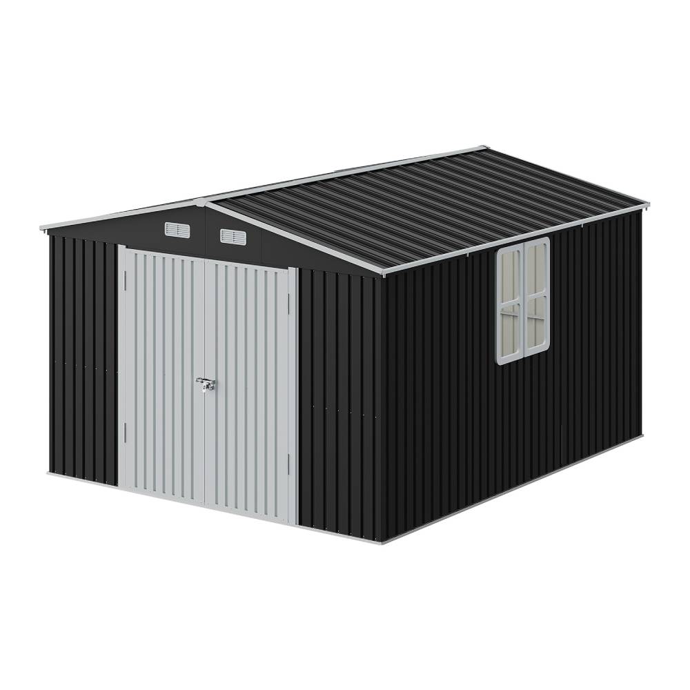 10x12ft Large Metal Storage Shed With Lockable Double Doors, 2 Windows, 4 Vents – Spacious Outdoor Tool Shed