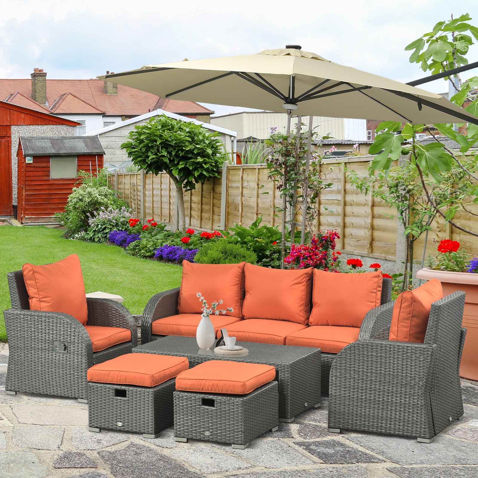 Cushioned Rattan Wicker Sofa, Recliner, Footstool, Table Set | Orange
