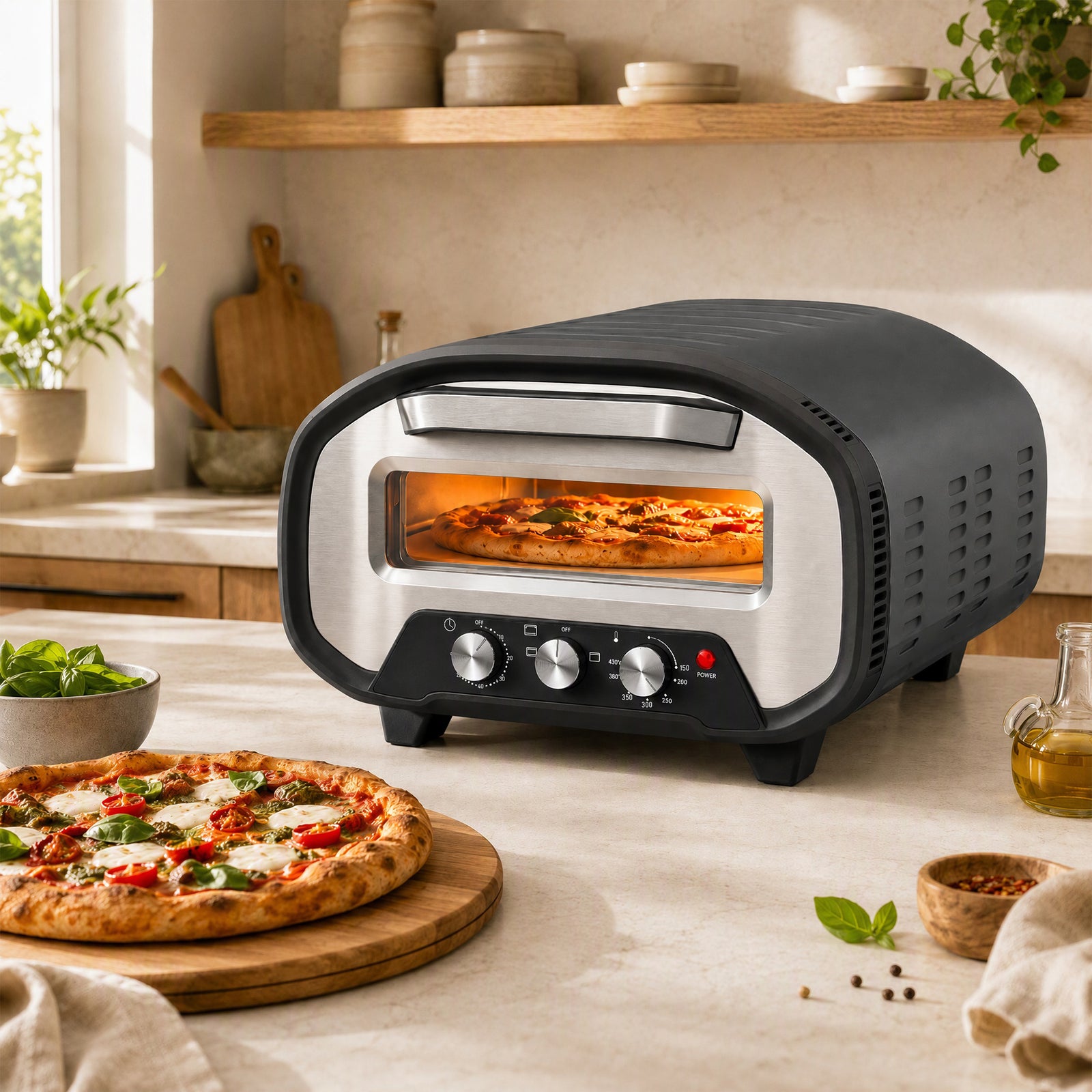 HOMCOM 12 Inch Electric Countertop Pizza Maker With 3 Knob Control, 2200w