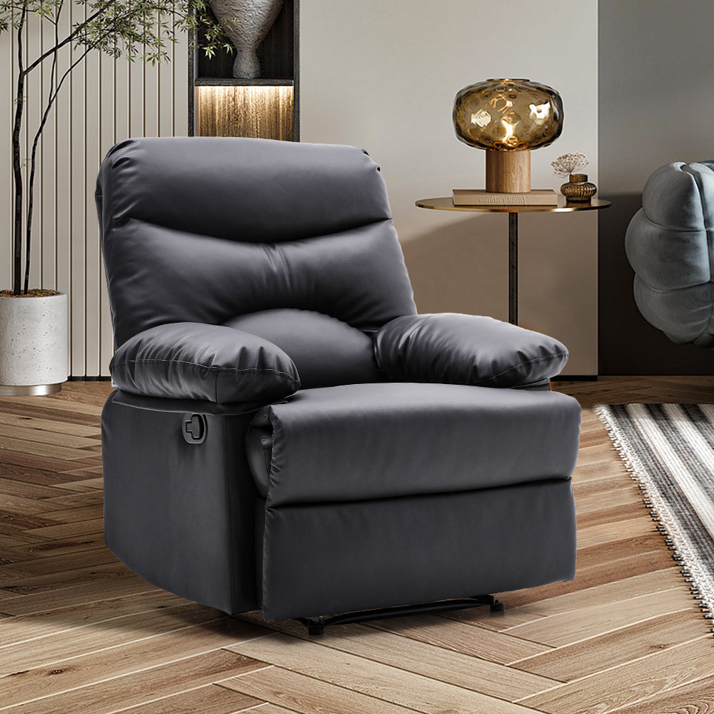 Manual Faux Leather Recliner Armchair Upholstered Lounge Chair With Adjustable Backrest & Footrest For Living Room, Bedroom, Home Theater & Office | Black
