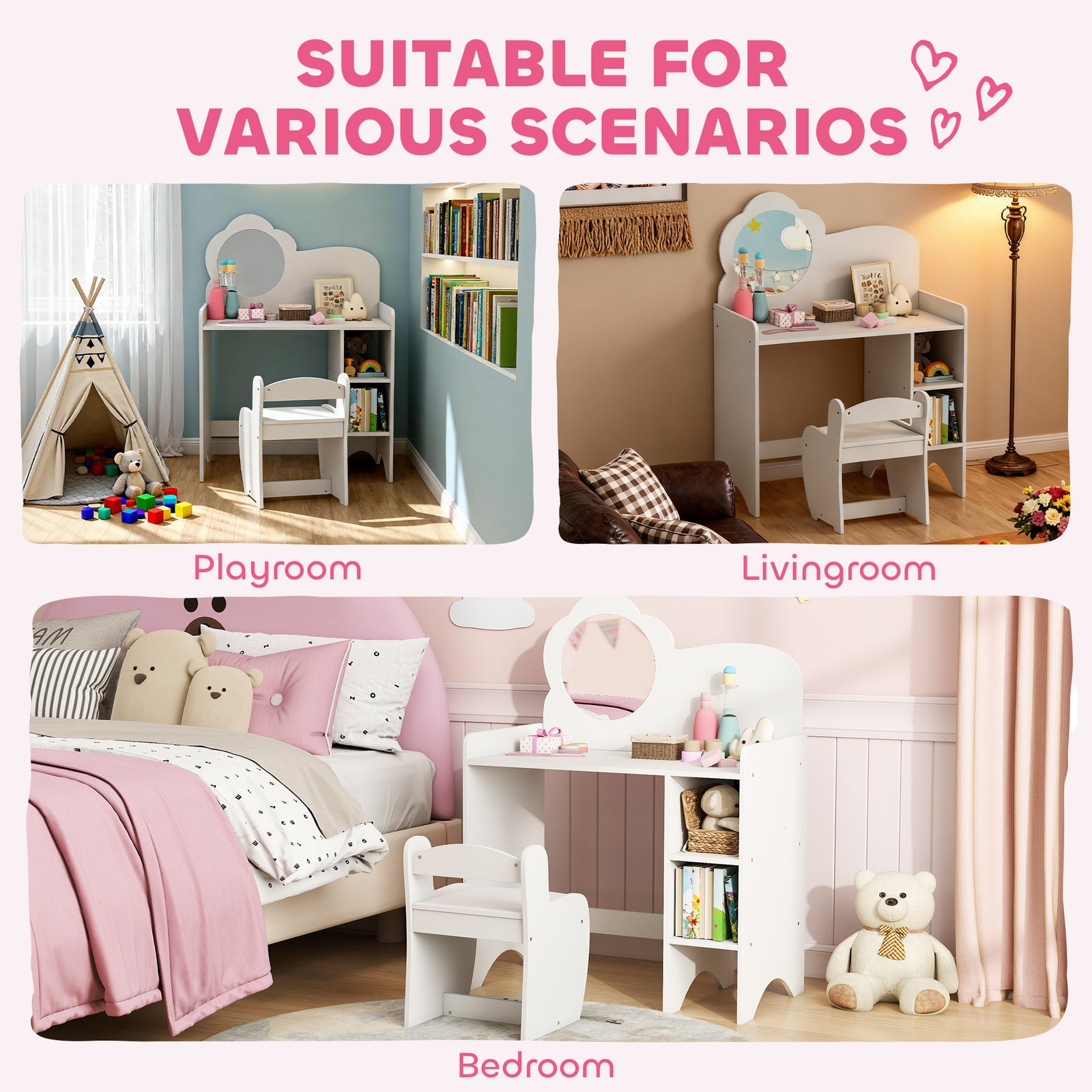 Kids Dressing Table With Mirror, Stool, Vanity Table | White