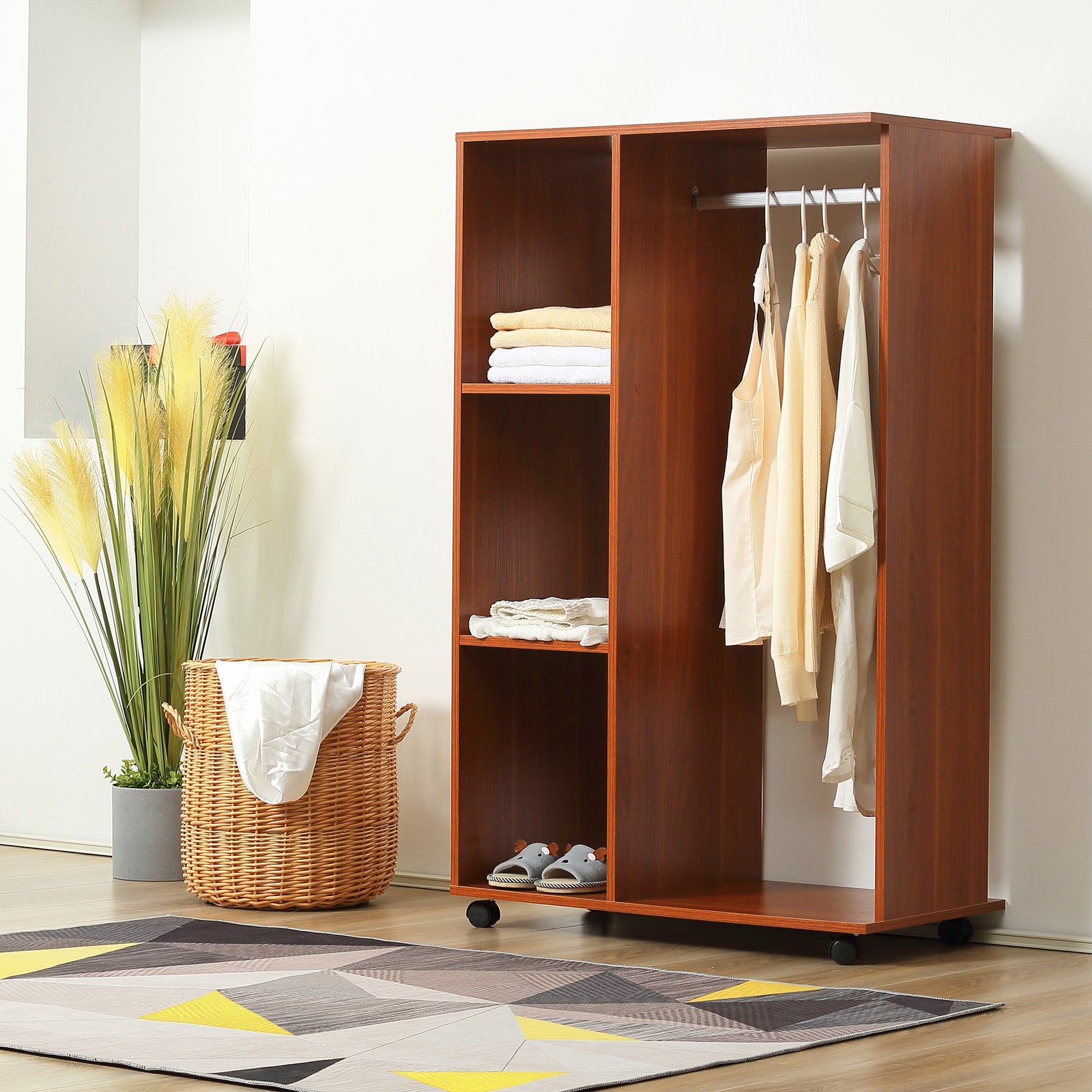 Rolling Open Wardrobe Hanging Rail Storage Shelves Clothes | One Size | Walnut