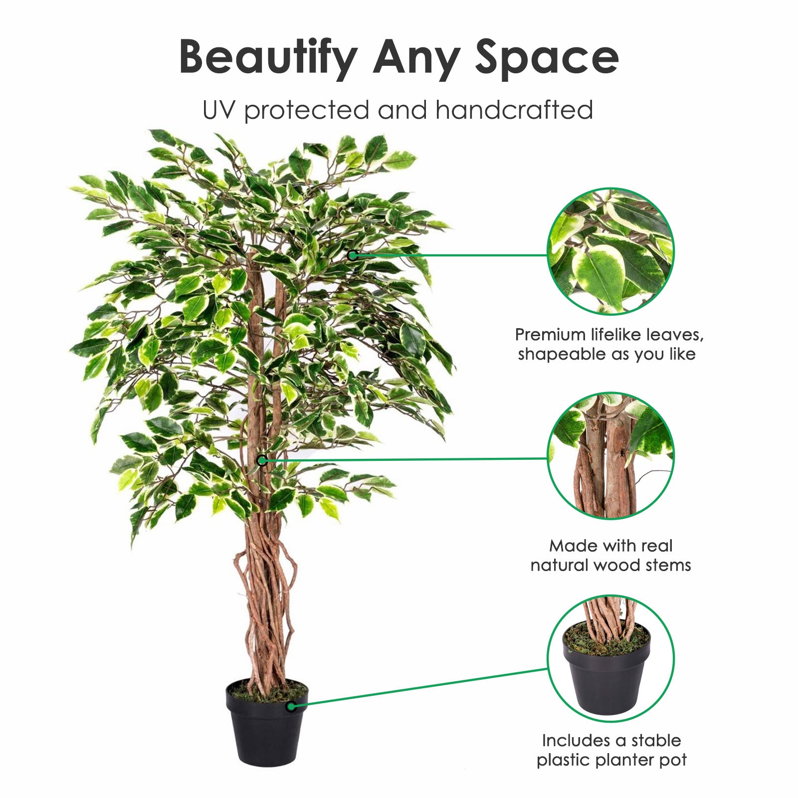 Artificial Handcrafted Ficus Tree With Real Wood Trunk | 4ft | Multi Colour