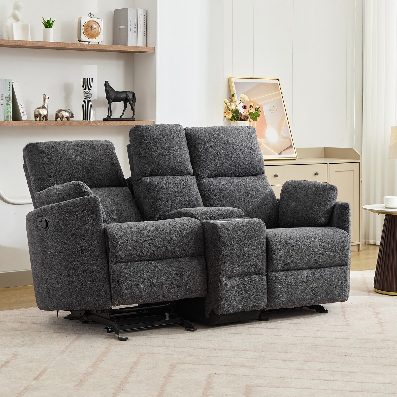 Powell 2 Seat Rocker Recliner Sofa With Centre Console | Dark Grey