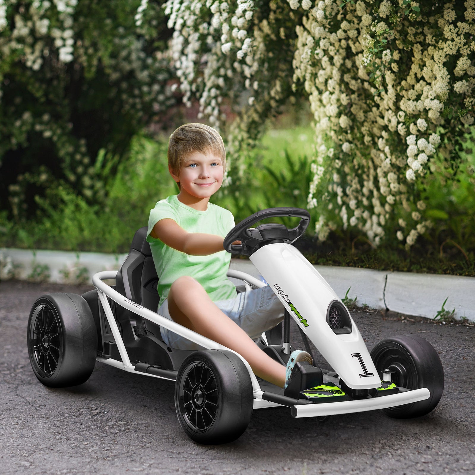 24v Electric Go Kart For Kids With Music, Horn Honking, Slow Start | White