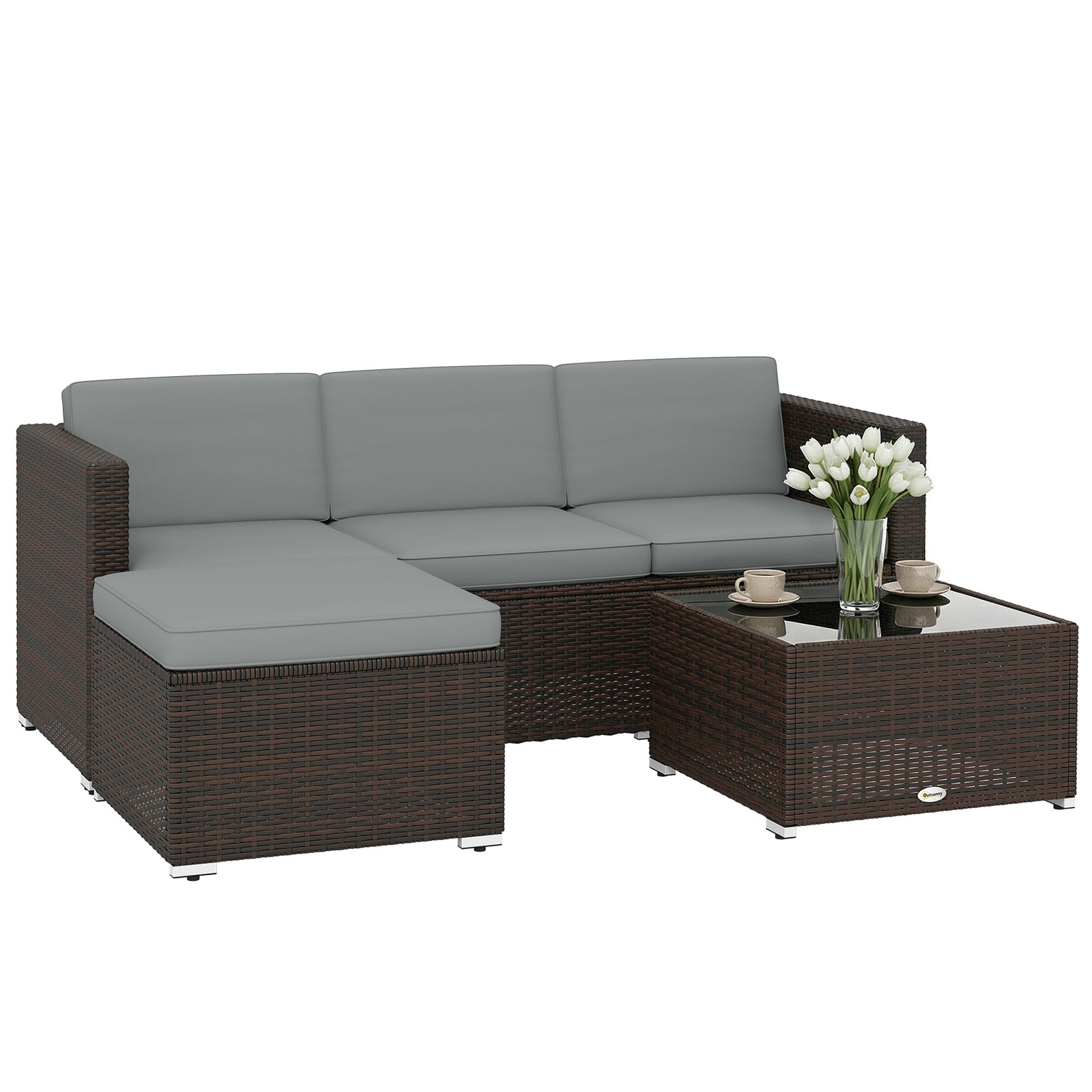 Garden Furniture Set W/ Padded Cushions Corner Sofa Set | Brown