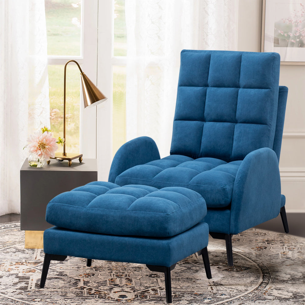 Frosted Velvet Armchair With Footstool Set– Adjustable 110°-180° Recline, Cozy Upholstered Chair With Metal Legs, Ergonomic Comfort | Blue