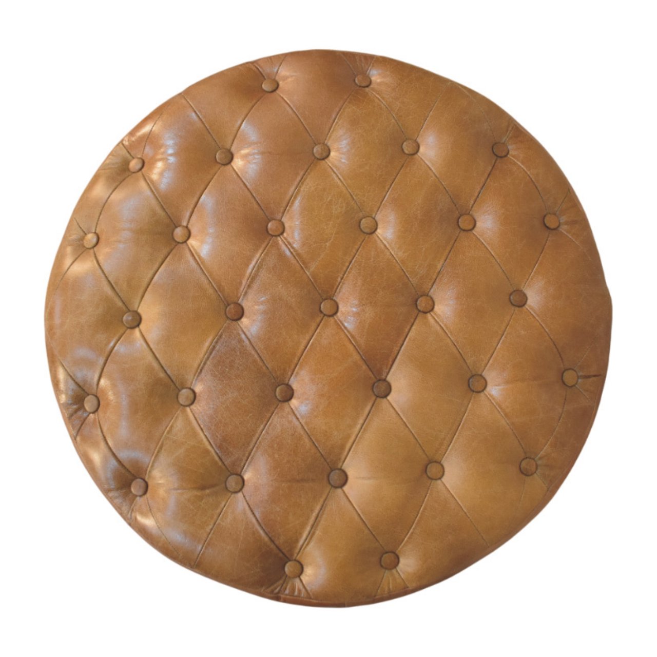Artisan Furniture Solid Wood Brown Buffalo Leather Round Ottoman With Castor Legs, Upholstered