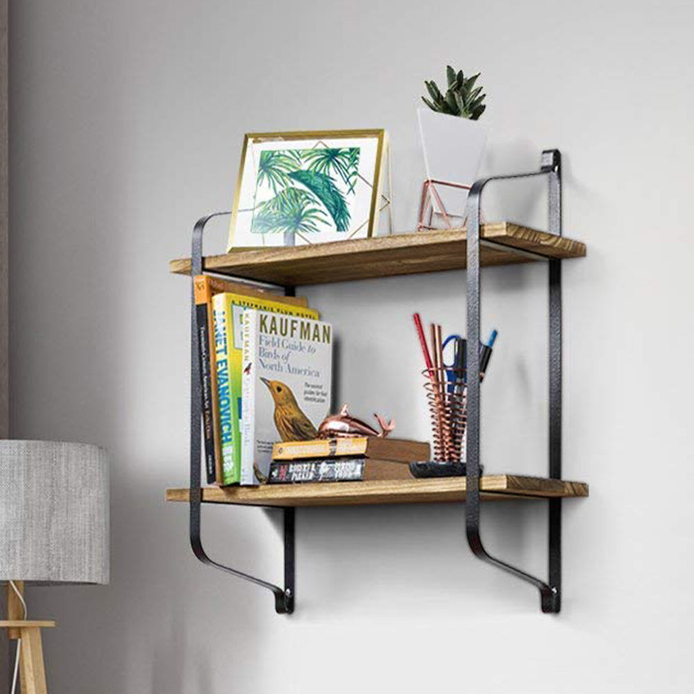 2 Tiers Industrial Style Wall Mounted Metal Wire Wooden Floating Shelf Storage Display Rack Tidy Organizer