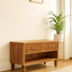 Solid Wood Arno Shoe Storage Unit In Golden Teak, 2 Drawers And Open Shelf, Beige