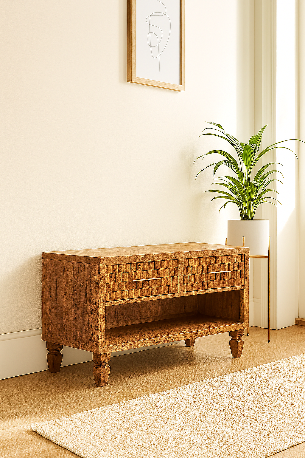 Solid Wood Arno Shoe Storage Unit In Golden Teak, 2 Drawers And Open Shelf, Beige