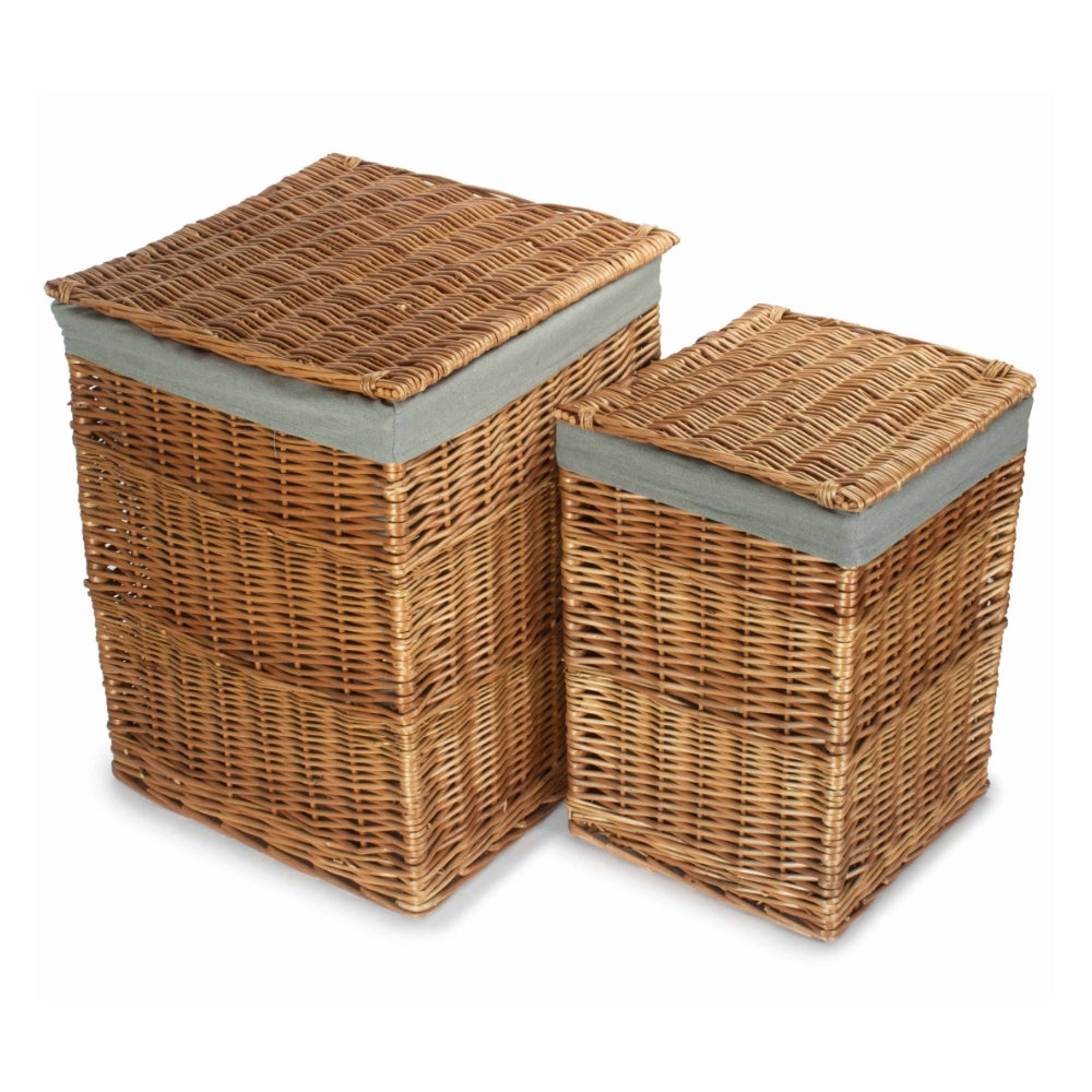 Light Steamed Square Laundry Basket With Grey Sage Lining | Set-of-2