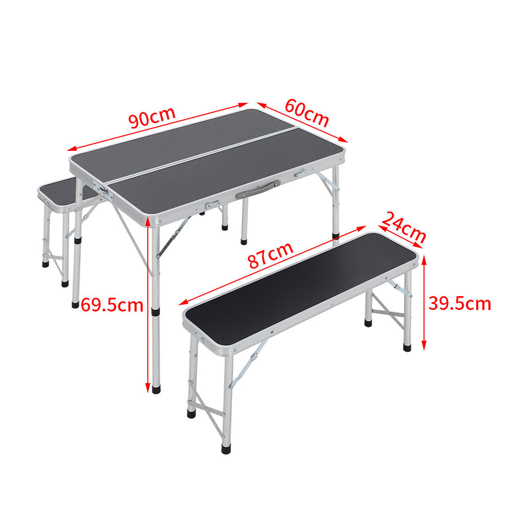 3 Pcs Picnic Table Set Aluminium Portable Folding Camping Table And Benches Set | Set of 3 | Black