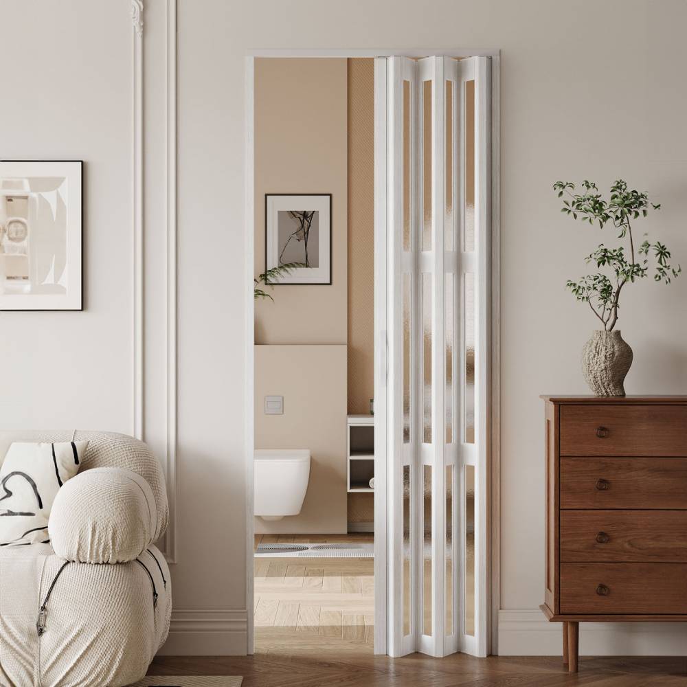 84.5cm W X 203cm H White Matte Wood Grain Folding Door With Glass Panels