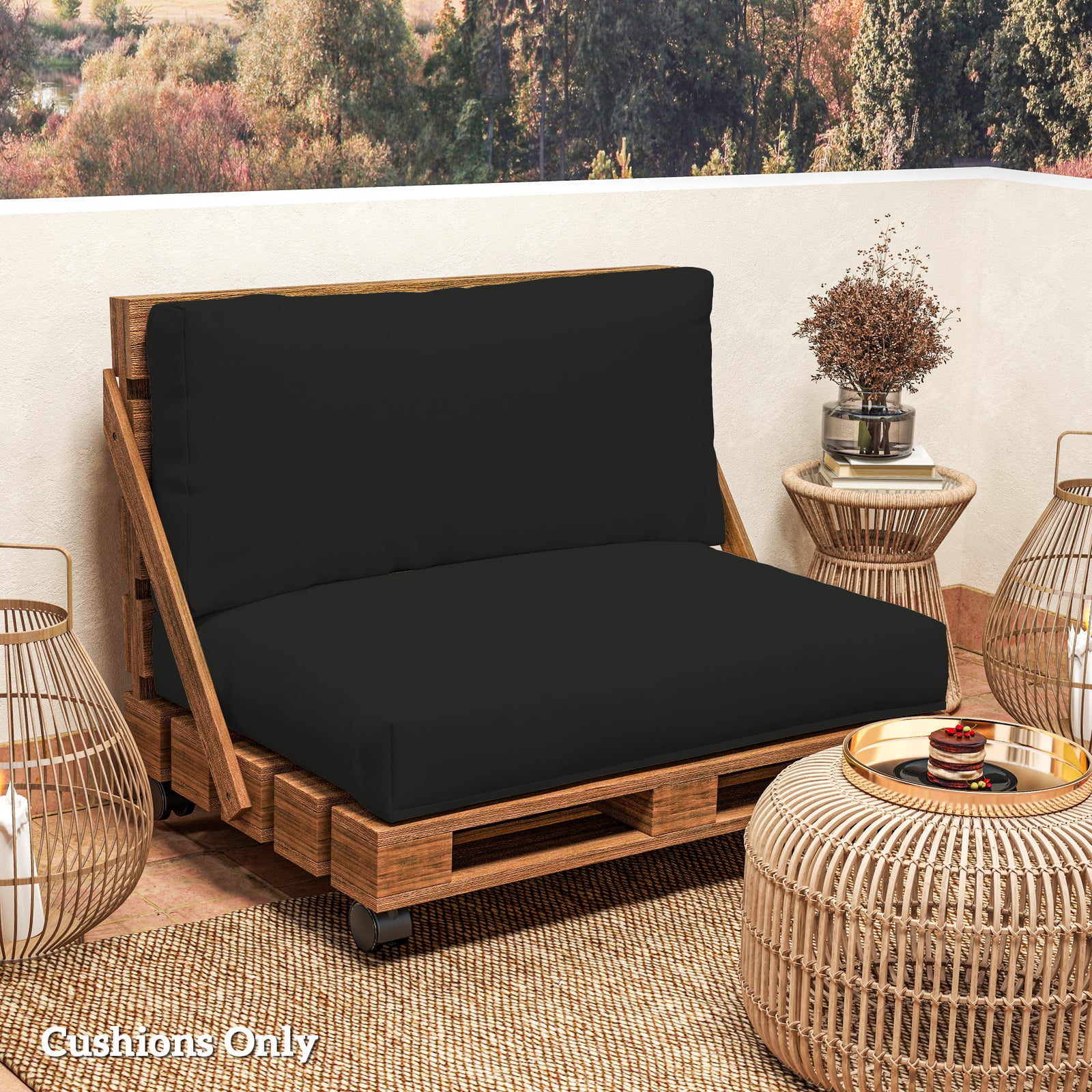 2 Seat Pallet Cushions 20cm Thick Outdoor Seat Pads | Black