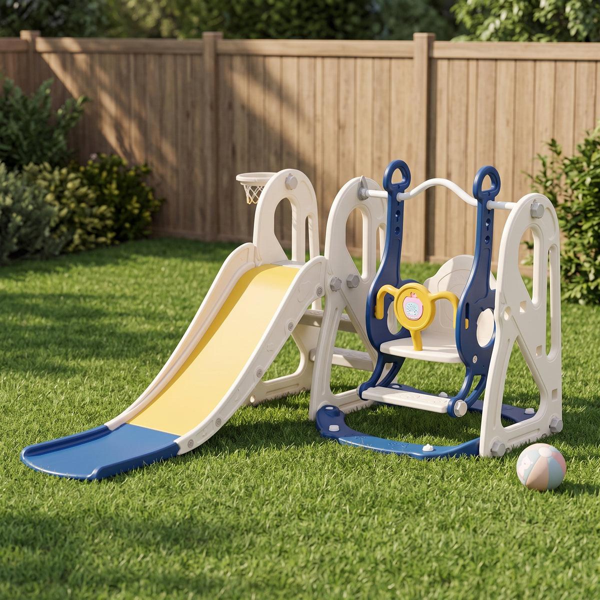 Breeins 6-in-1 Kids Slide & Swing Set With Adjustable Basketball Hoop