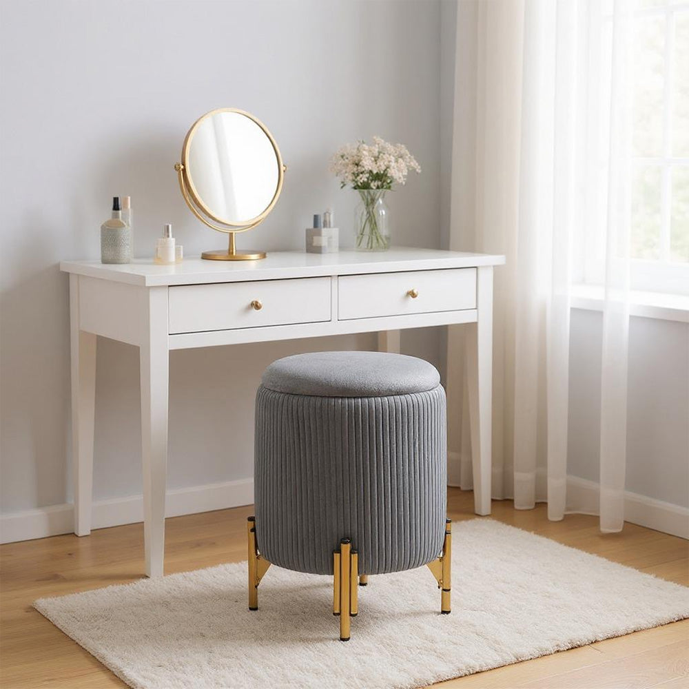Modern Round Pleated Storage Ottoman With Metal Legs 33cm Dia X 46cm H | Grey
