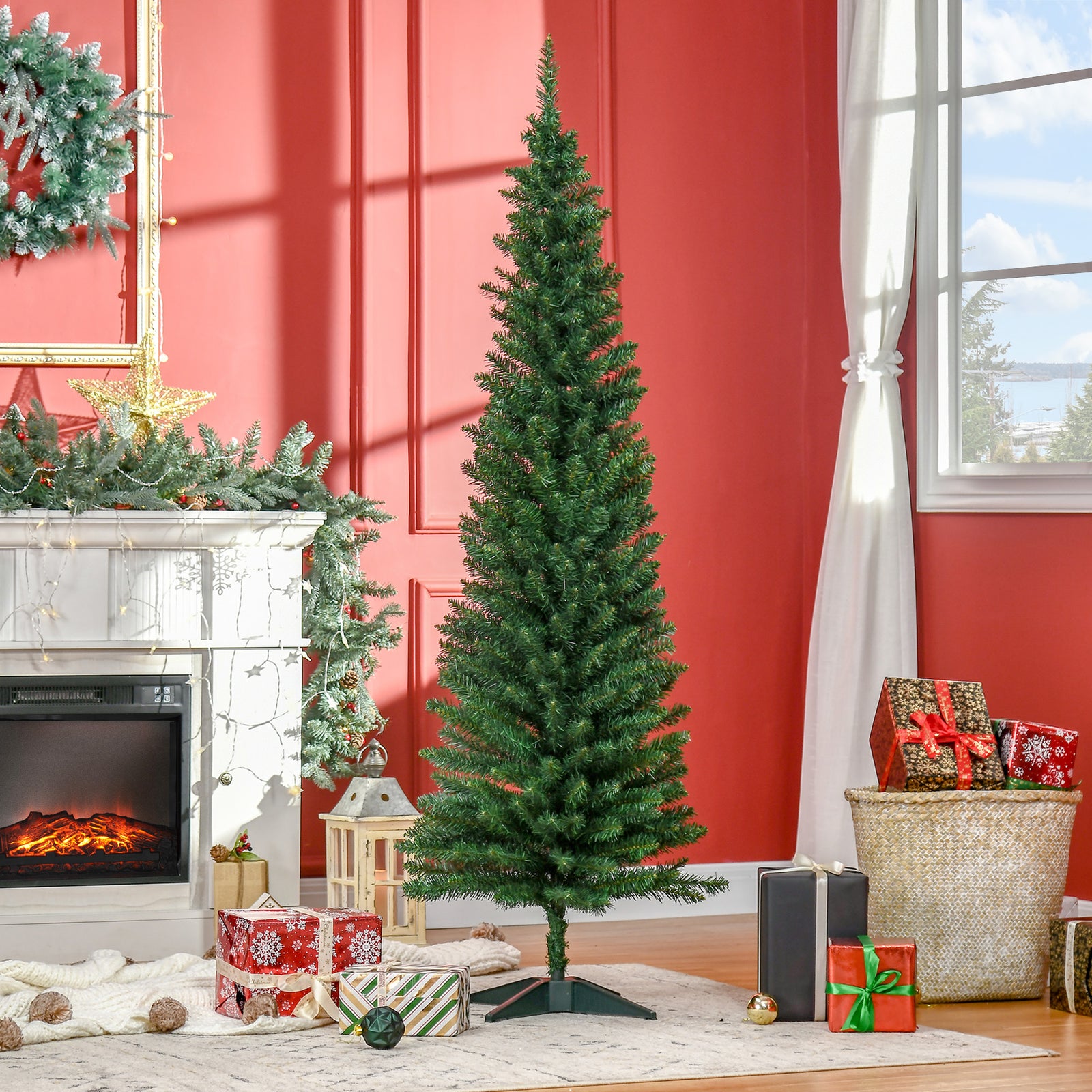 6ft Pencil Artificial Christmas Tree With Solid Stand Tips Green | 6ft | Green