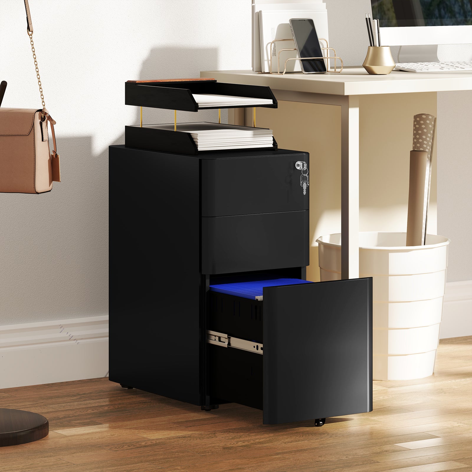 Steel Filing Cabinet With Lock And Wheels For Home Office | One Size | Black