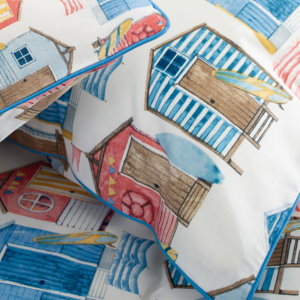 Queen's Parade 100 Percent Cotton Duvet Set With Colourful Beach Hut Print And Piped Edge Detail | Double | Multi Colour