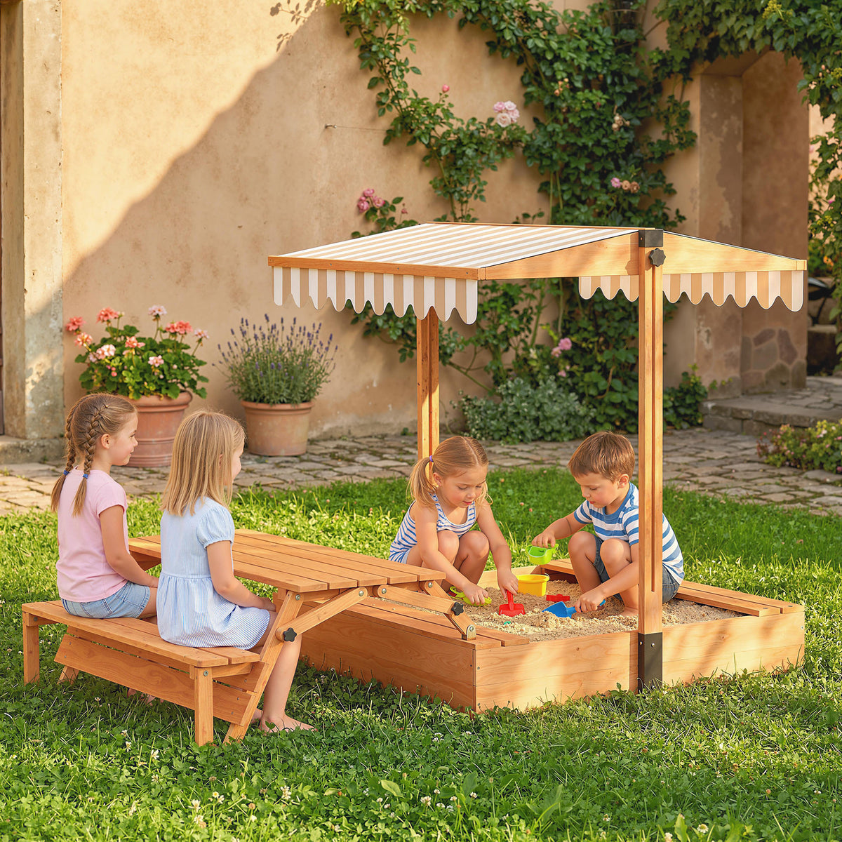 AIYAPLAY Kids Sand Pit With Lid, Wooden Sandpit With Foldable Picnic Table
