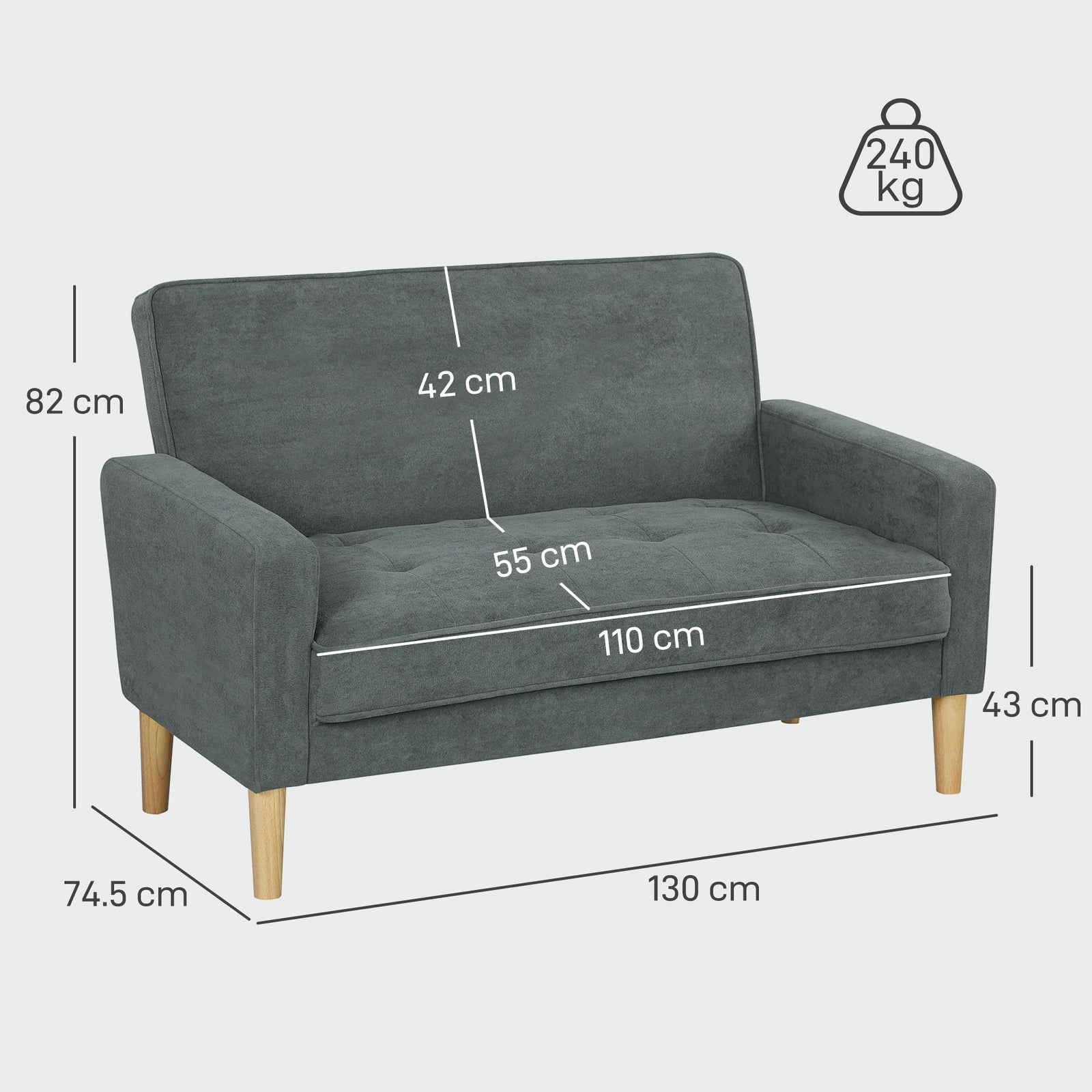 2 Seater Sofa, Velvet-feel Upholstered Loveseat For Small Space | Grey